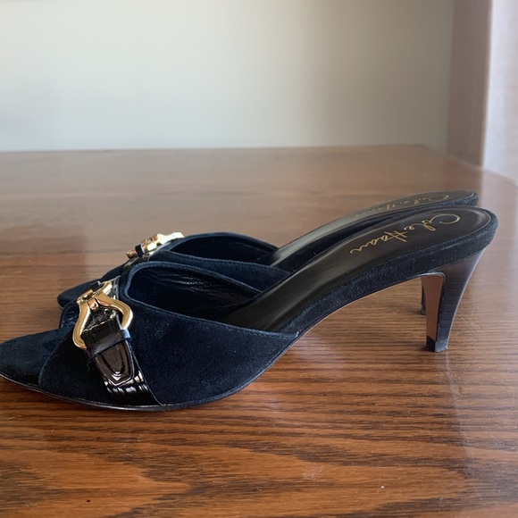 Cole Haan Nike air  black suede/leather mule sandals w gold hardware EUC - Picture 1 of 6